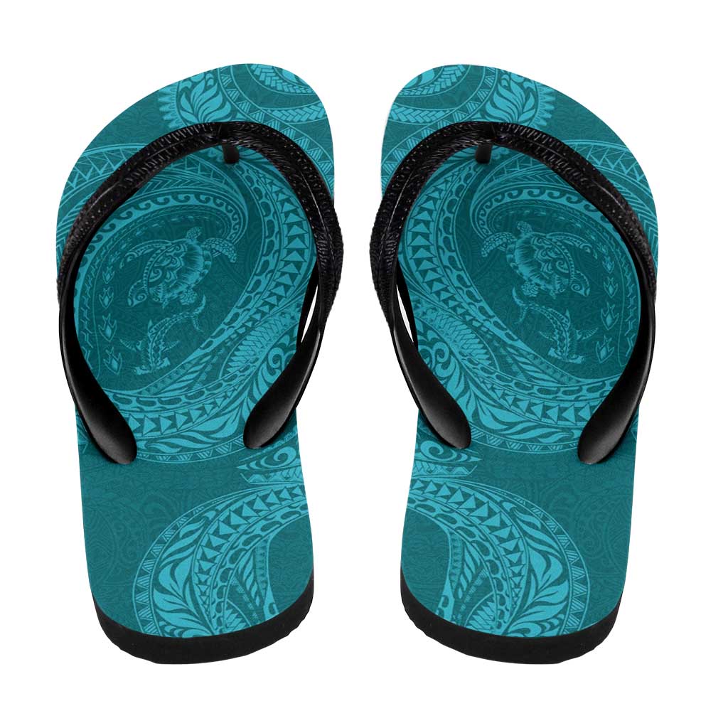 Hawaiian Turtle and Shark Flip Flops Kakau Tribal with Polynesian Pattern Turquoise Color