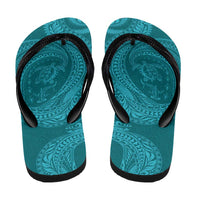 Hawaiian Turtle and Shark Flip Flops Kakau Tribal with Polynesian Pattern Turquoise Color