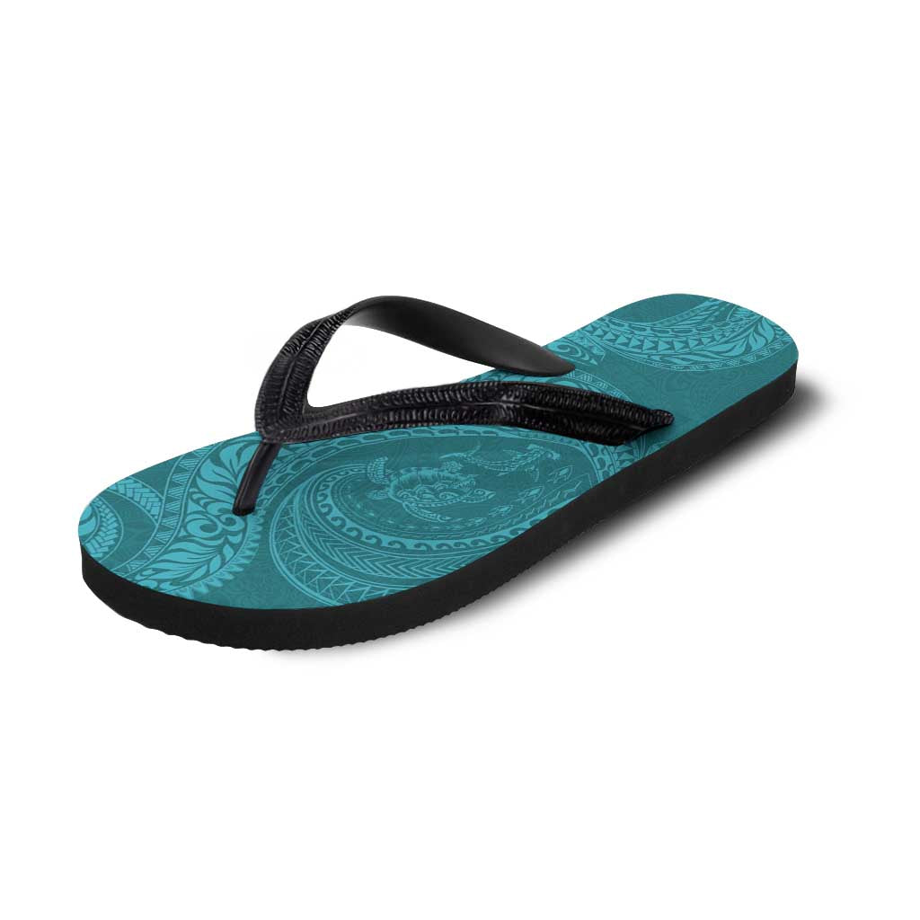 Hawaiian Turtle and Shark Flip Flops Kakau Tribal with Polynesian Pattern Turquoise Color