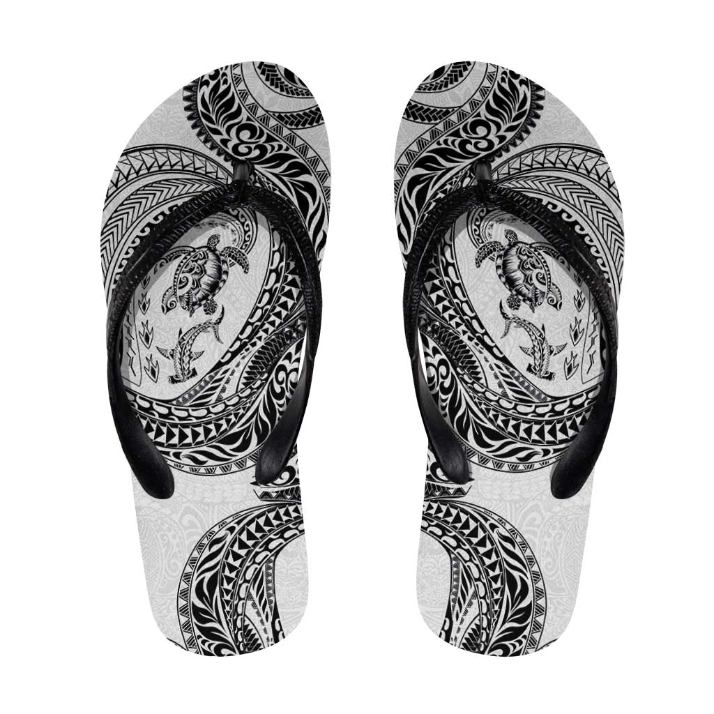 Hawaiian Turtle and Shark Flip Flops Kakau Tribal with Polynesian Pattern White Color