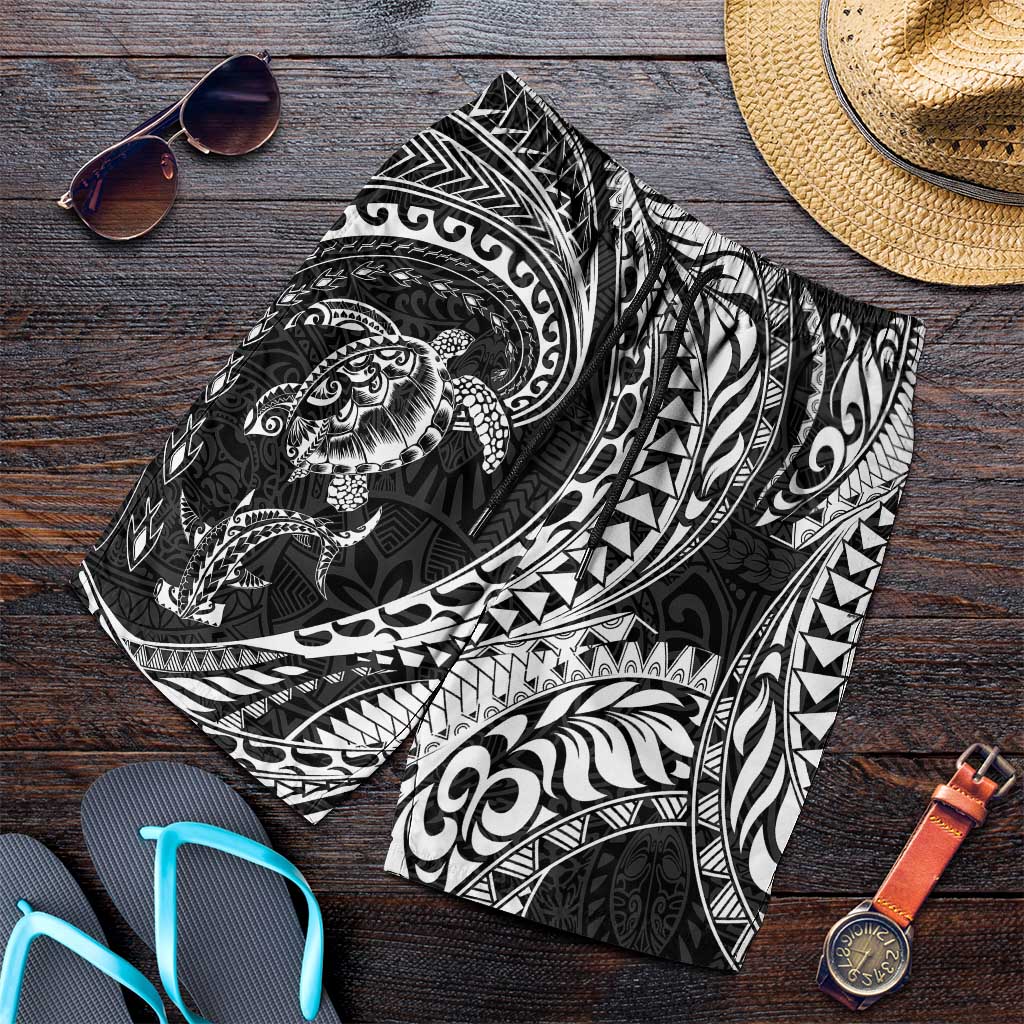 Hawaiian Turtle and Shark Shorts for Men Kakau Tribal with Polynesian Pattern Black Color