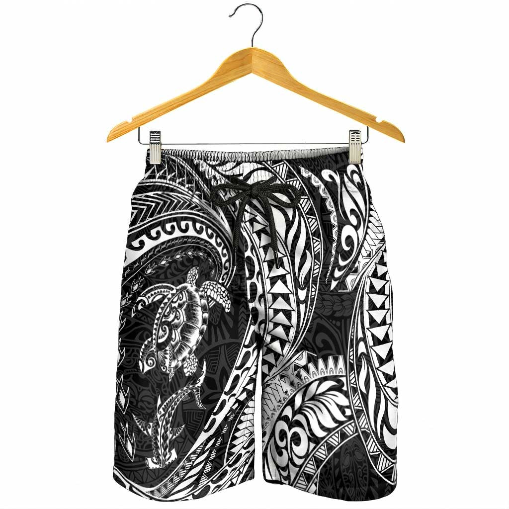 Hawaiian Turtle and Shark Shorts for Men Kakau Tribal with Polynesian Pattern Black Color