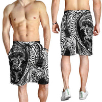 Hawaiian Turtle and Shark Shorts for Men Kakau Tribal with Polynesian Pattern Black Color