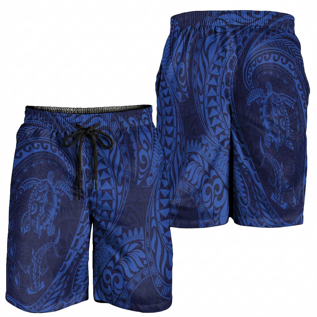 Hawaiian Turtle and Shark Shorts for Men Kakau Tribal with Polynesian Pattern Blue Color