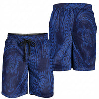 Hawaiian Turtle and Shark Shorts for Men Kakau Tribal with Polynesian Pattern Blue Color