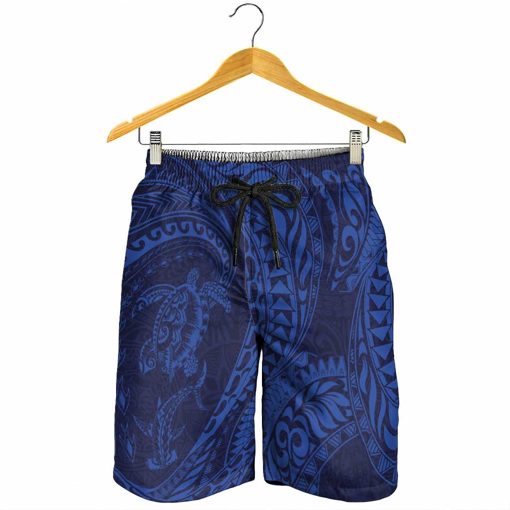 Hawaiian Turtle and Shark Shorts for Men Kakau Tribal with Polynesian Pattern Blue Color