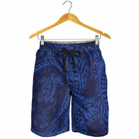 Hawaiian Turtle and Shark Shorts for Men Kakau Tribal with Polynesian Pattern Blue Color