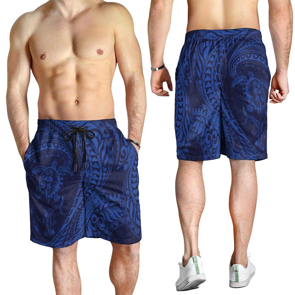 Hawaiian Turtle and Shark Shorts for Men Kakau Tribal with Polynesian Pattern Blue Color