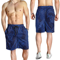 Hawaiian Turtle and Shark Shorts for Men Kakau Tribal with Polynesian Pattern Blue Color