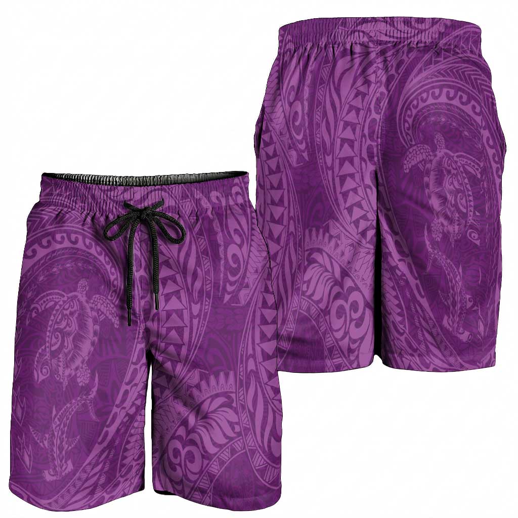 Hawaiian Turtle and Shark Shorts for Men Kakau Tribal with Polynesian Pattern Pink Color