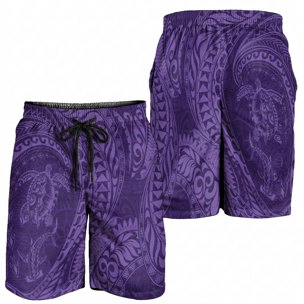 Hawaiian Turtle and Shark Shorts for Men Kakau Tribal with Polynesian Pattern Purple Color