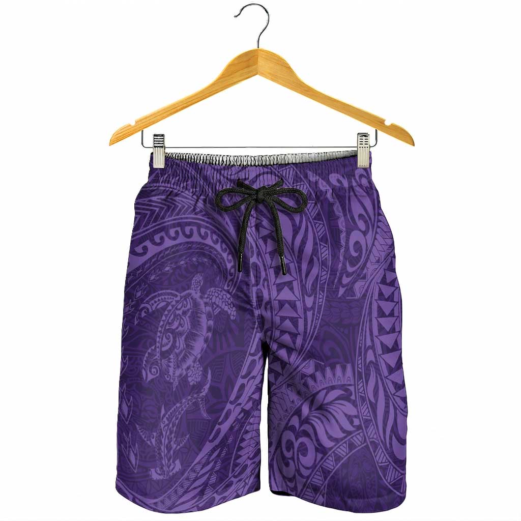 Hawaiian Turtle and Shark Shorts for Men Kakau Tribal with Polynesian Pattern Purple Color