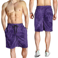 Hawaiian Turtle and Shark Shorts for Men Kakau Tribal with Polynesian Pattern Purple Color