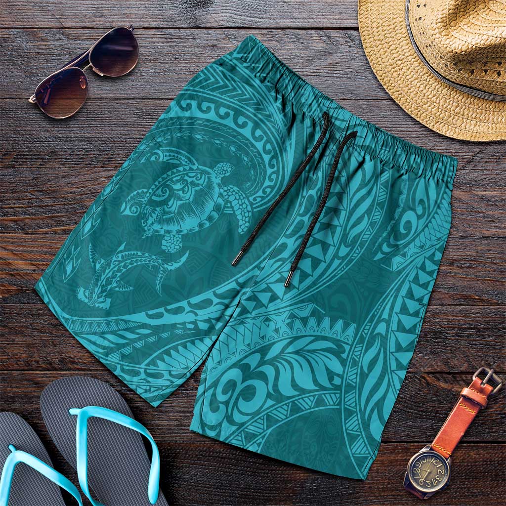 Hawaiian Turtle and Shark Shorts for Men Kakau Tribal with Polynesian Pattern Turquoise Color