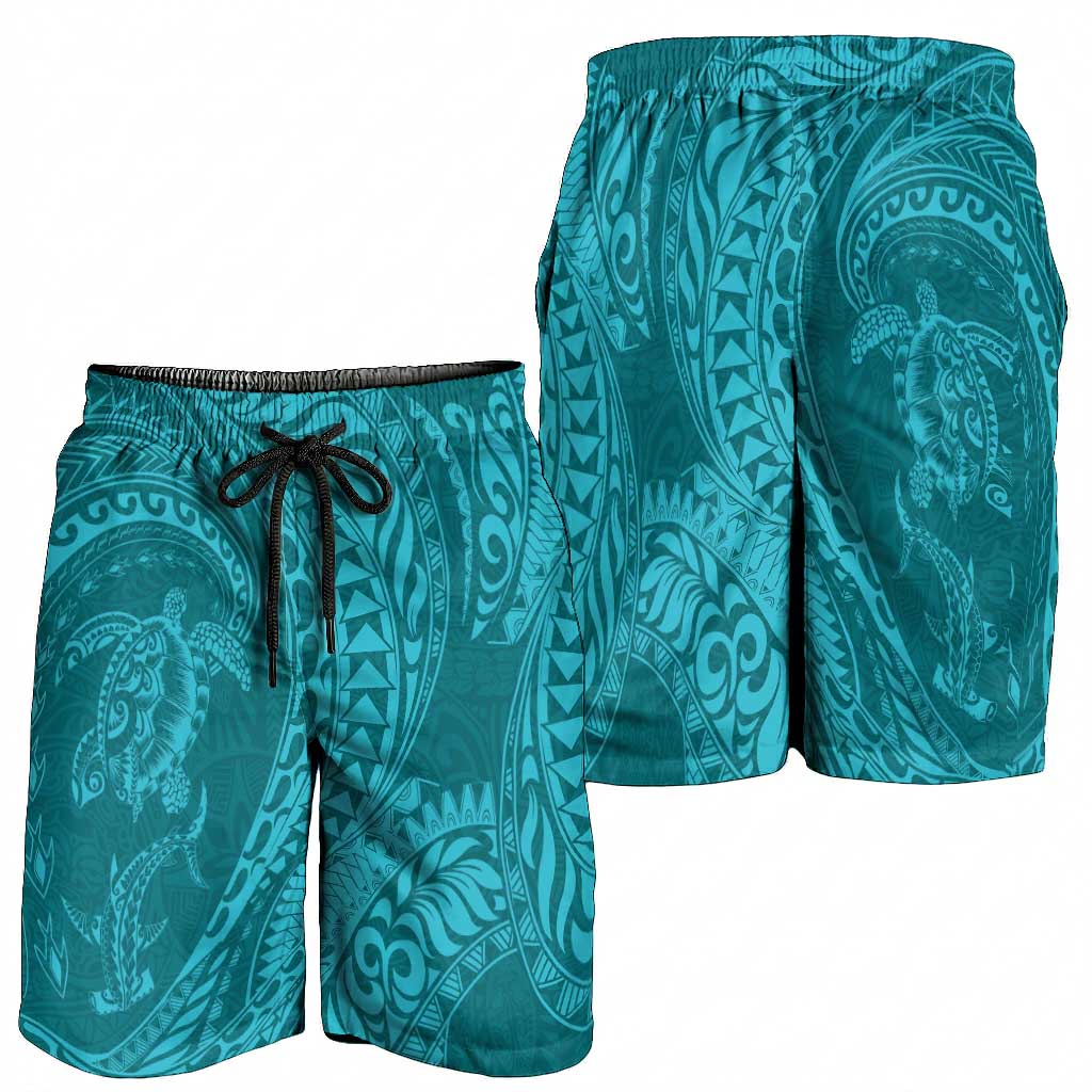 Hawaiian Turtle and Shark Shorts for Men Kakau Tribal with Polynesian Pattern Turquoise Color