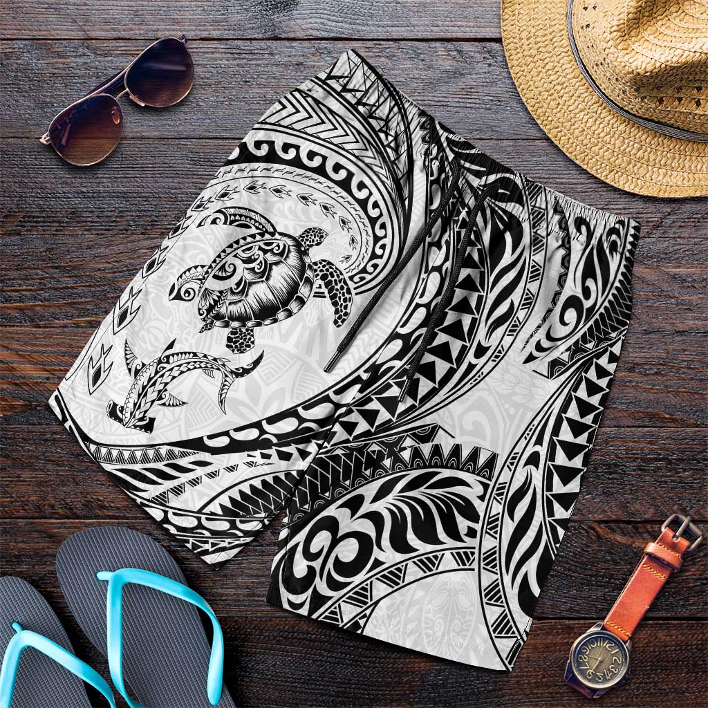 Hawaiian Turtle and Shark Shorts for Men Kakau Tribal with Polynesian Pattern White Color
