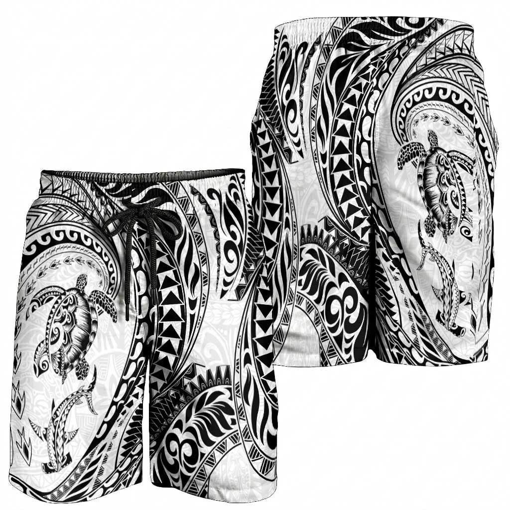 Hawaiian Turtle and Shark Shorts for Men Kakau Tribal with Polynesian Pattern White Color