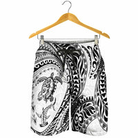 Hawaiian Turtle and Shark Shorts for Men Kakau Tribal with Polynesian Pattern White Color
