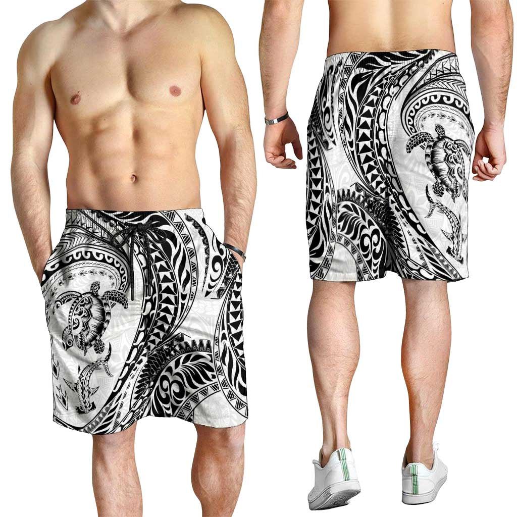 Hawaiian Turtle and Shark Shorts for Men Kakau Tribal with Polynesian Pattern White Color