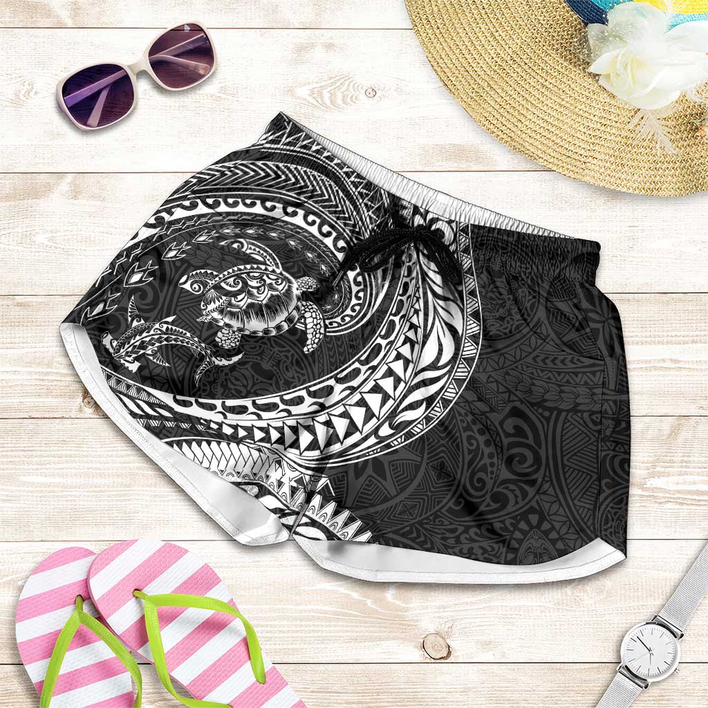 Hawaiian Turtle and Shark Shorts for Women Kakau Tribal with Polynesian Pattern Black Color