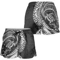 Hawaiian Turtle and Shark Shorts for Women Kakau Tribal with Polynesian Pattern Black Color