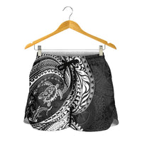 Hawaiian Turtle and Shark Shorts for Women Kakau Tribal with Polynesian Pattern Black Color