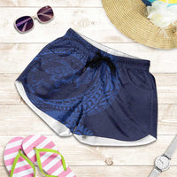 Hawaiian Turtle and Shark Shorts for Women Kakau Tribal with Polynesian Pattern Blue Color