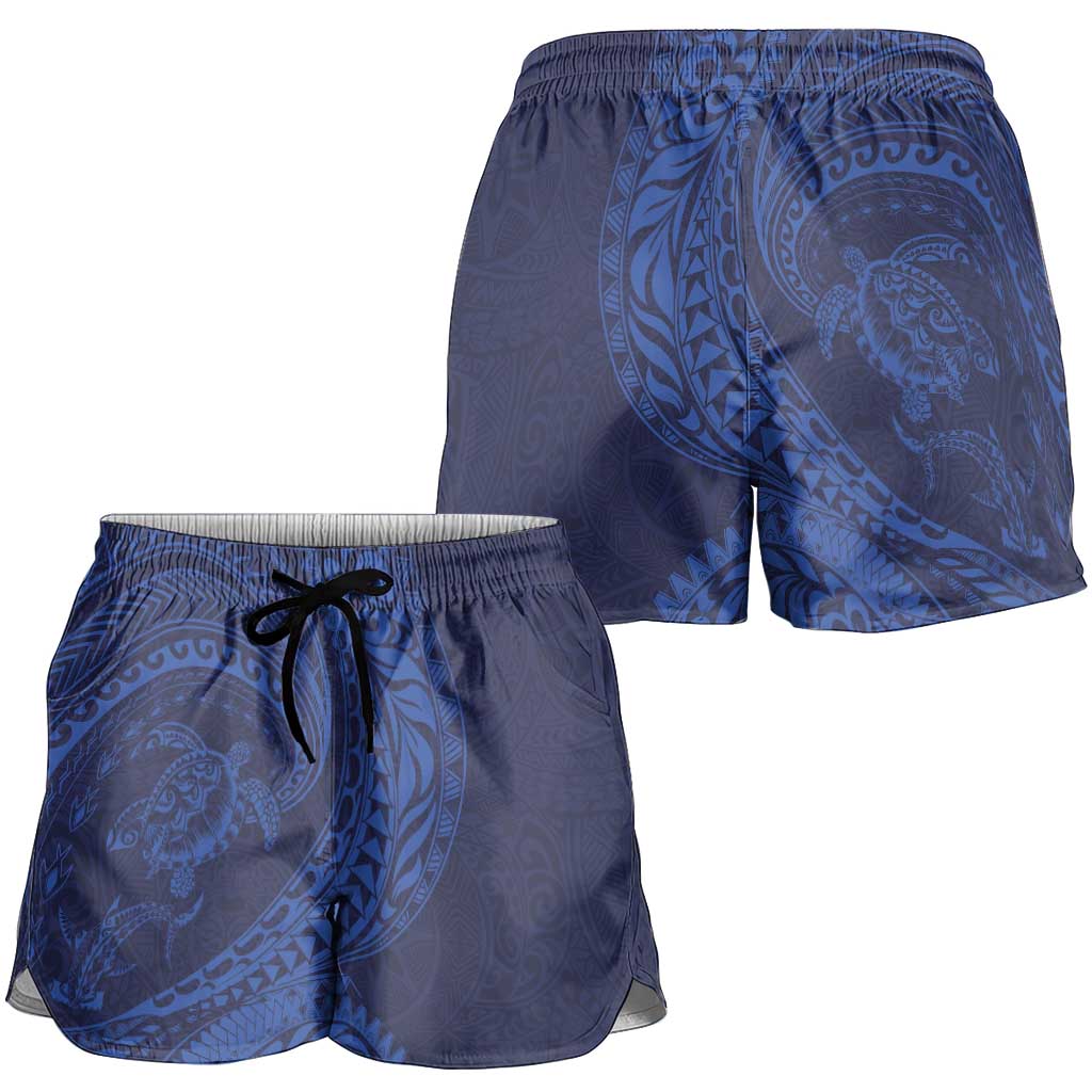 Hawaiian Turtle and Shark Shorts for Women Kakau Tribal with Polynesian Pattern Blue Color