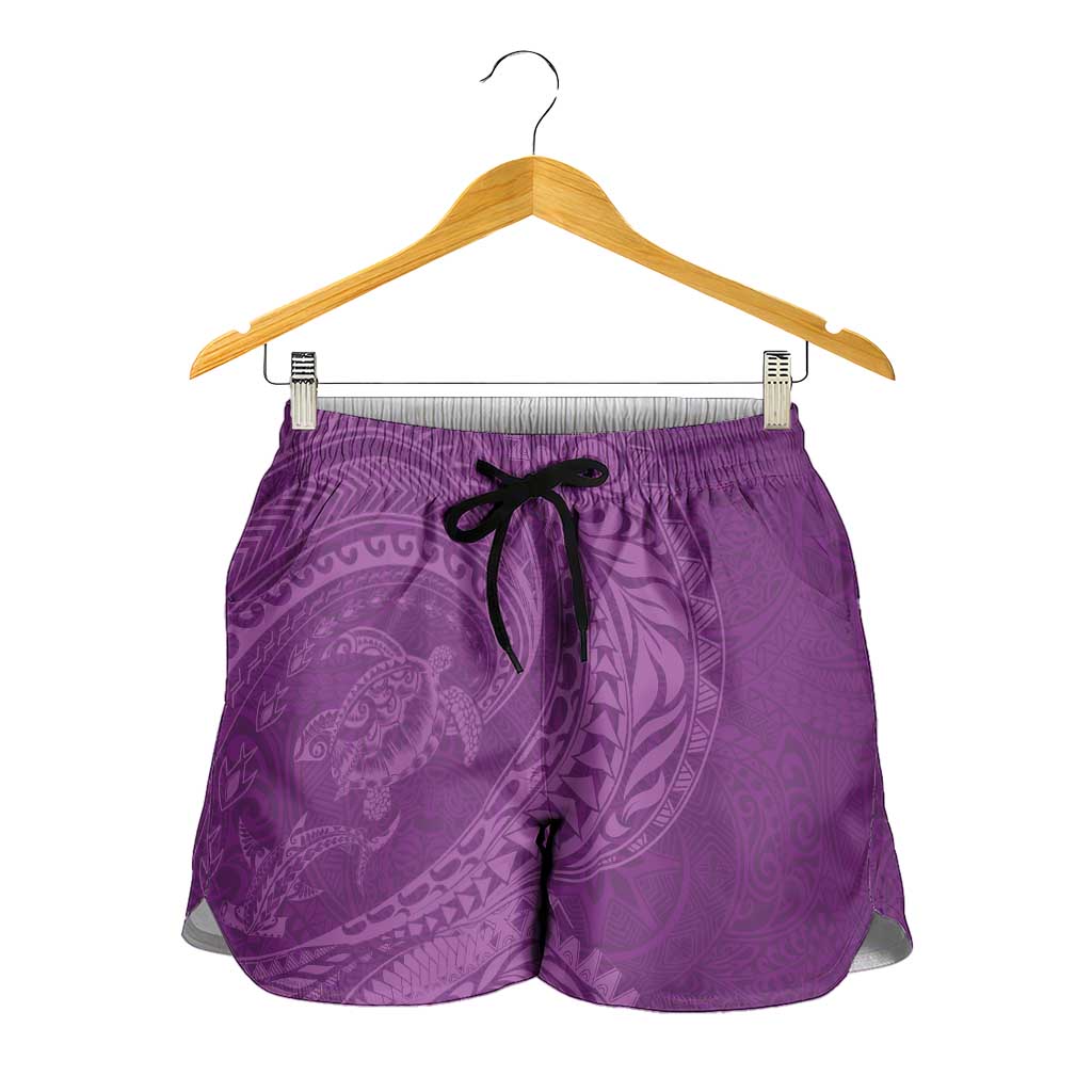 Hawaiian Turtle and Shark Shorts for Women Kakau Tribal with Polynesian Pattern Pink Color