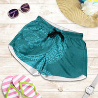 Hawaiian Turtle and Shark Shorts for Women Kakau Tribal with Polynesian Pattern Turquoise Color