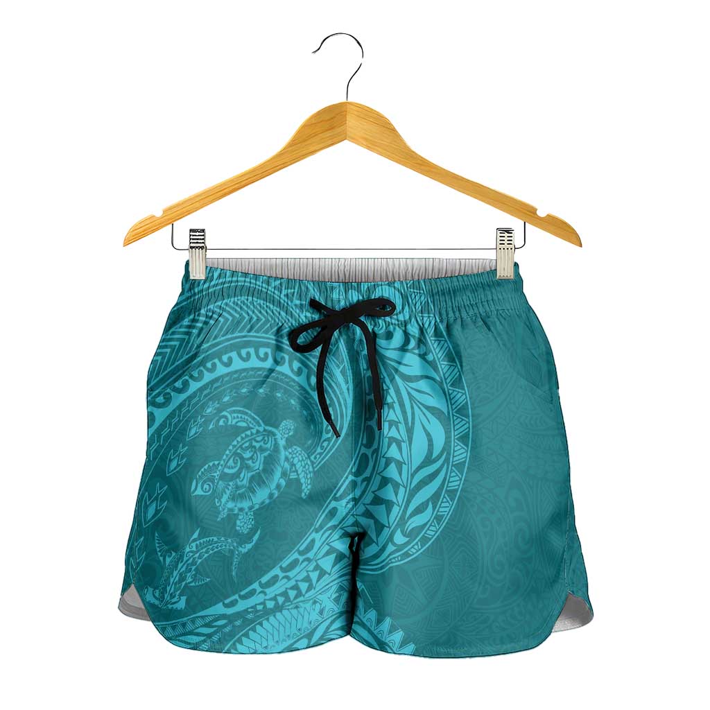 Hawaiian Turtle and Shark Shorts for Women Kakau Tribal with Polynesian Pattern Turquoise Color