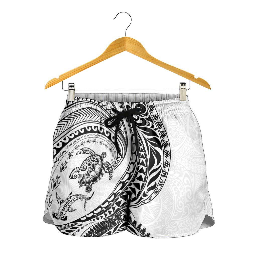 Hawaiian Turtle and Shark Shorts for Women Kakau Tribal with Polynesian Pattern White Color