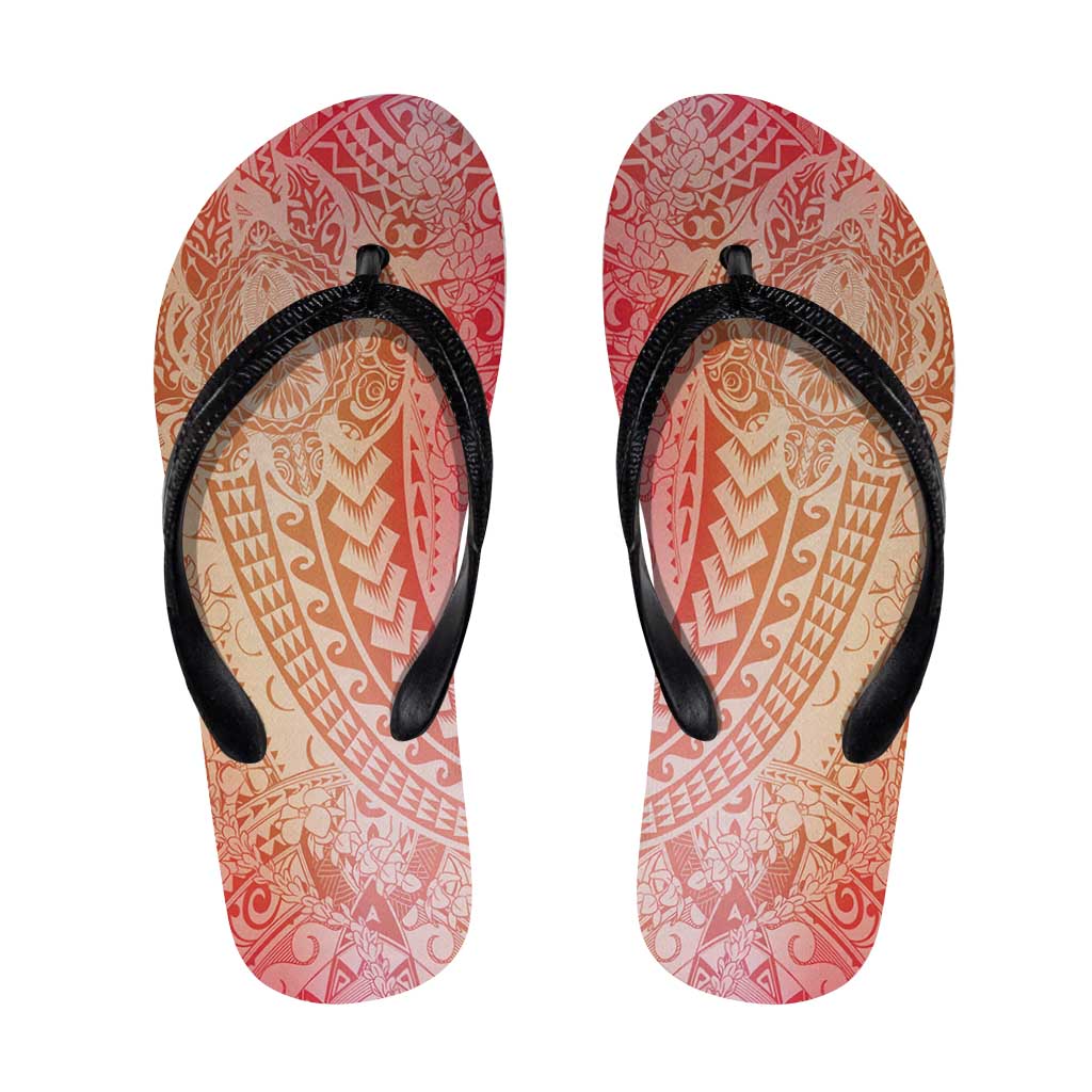 Hawaiian Turtles and Leis Flip Flops Tribal Kakau Pattern Peach Fuzz Color