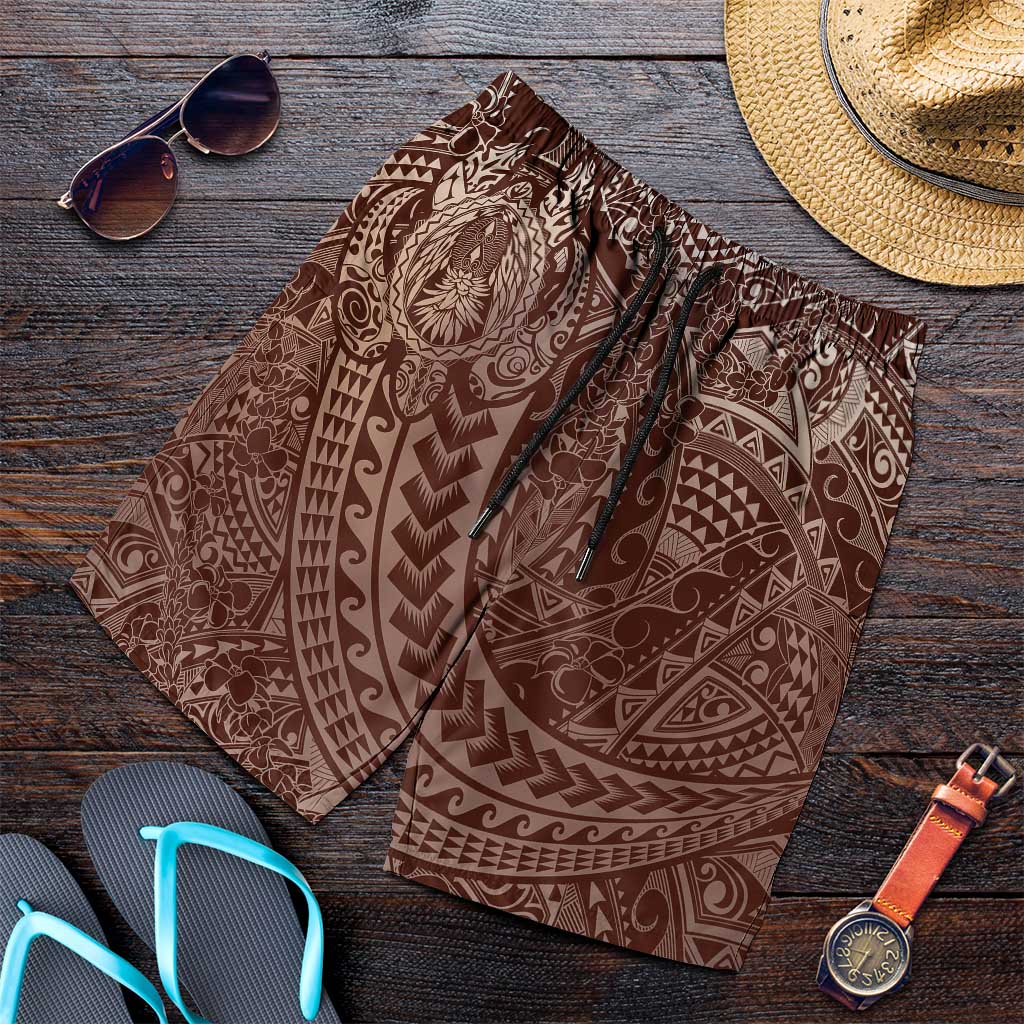 Hawaiian Turtles and Leis Shorts for Men Tribal Kakau Pattern Mocha Mousse Color LT03 Mocha Mousse - Polynesian Pride