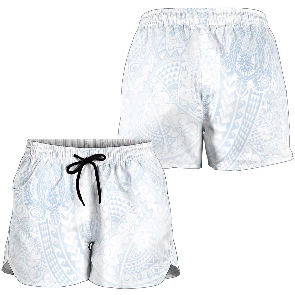 Hawaiian Turtles and Leis Shorts for Women Tribal Kakau Pattern Airy White Blue Cloud Vibe