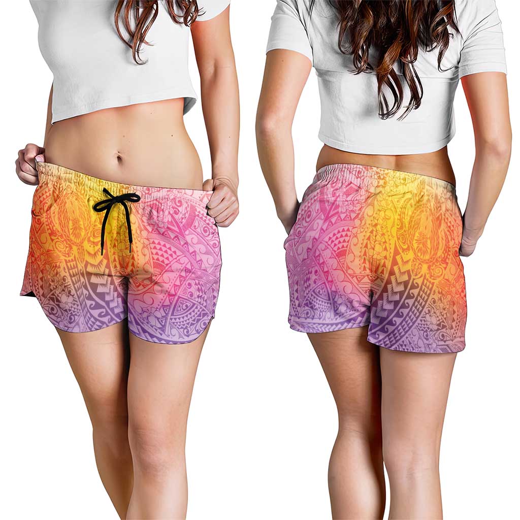 Hawaiian Turtles and Leis Shorts for Women Tribal Kakau Pattern Magical Rainbow Sky