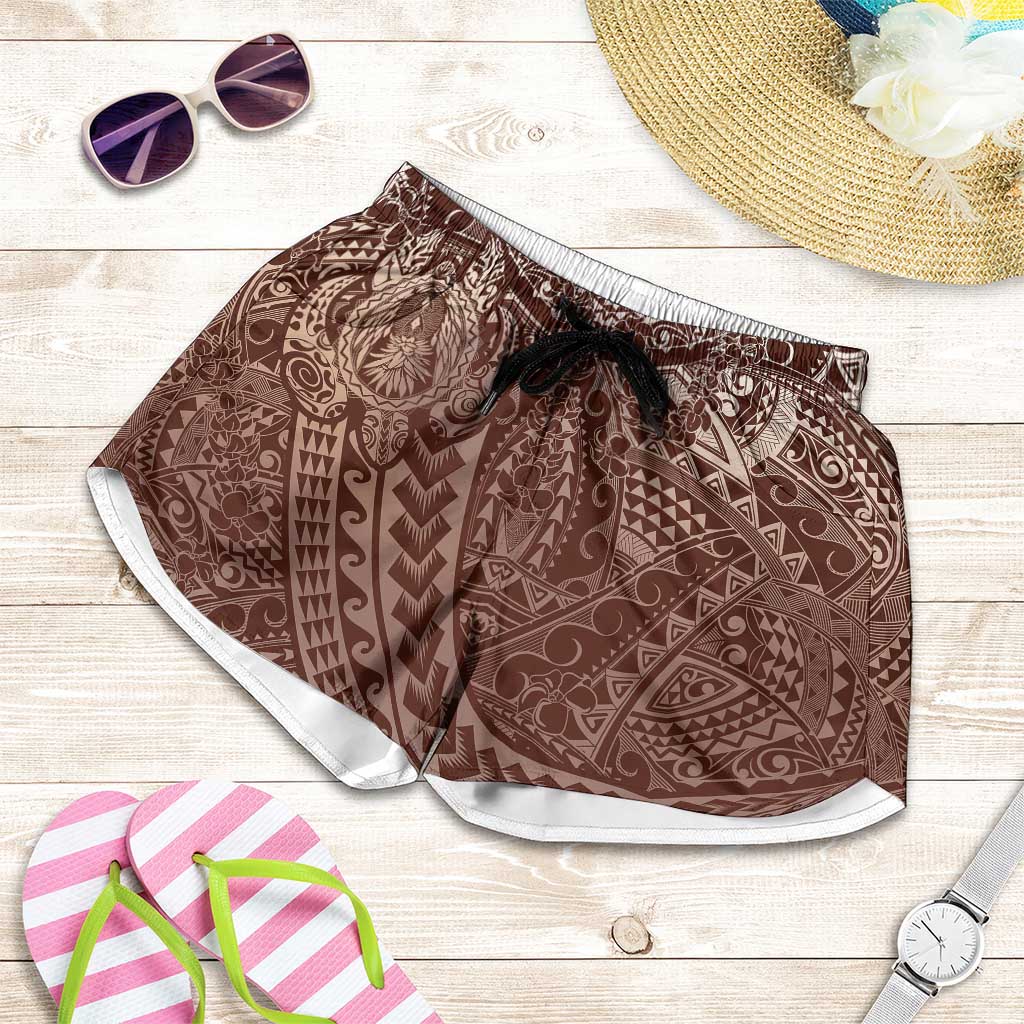 Hawaiian Turtles and Leis Shorts for Women Tribal Kakau Pattern Mocha Mousse Color LT03 Mocha Mousse - Polynesian Pride