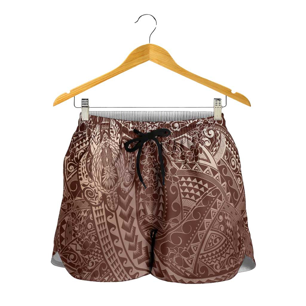 Hawaiian Turtles and Leis Shorts for Women Tribal Kakau Pattern Mocha Mousse Color