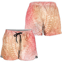 Hawaiian Turtles and Leis Shorts for Women Tribal Kakau Pattern Peach Fuzz Color