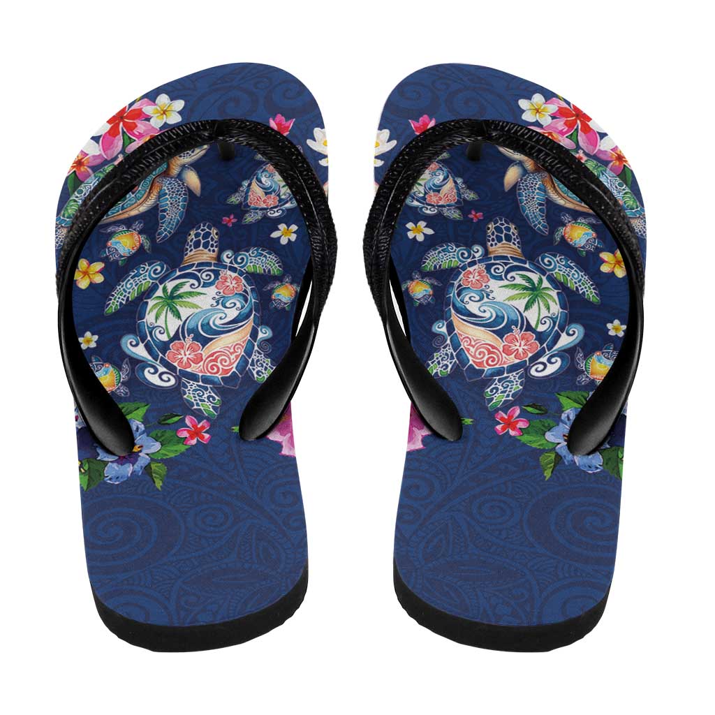 Hawaiian Turtles and Tropical Plants Flip Flops Blue Watercolor