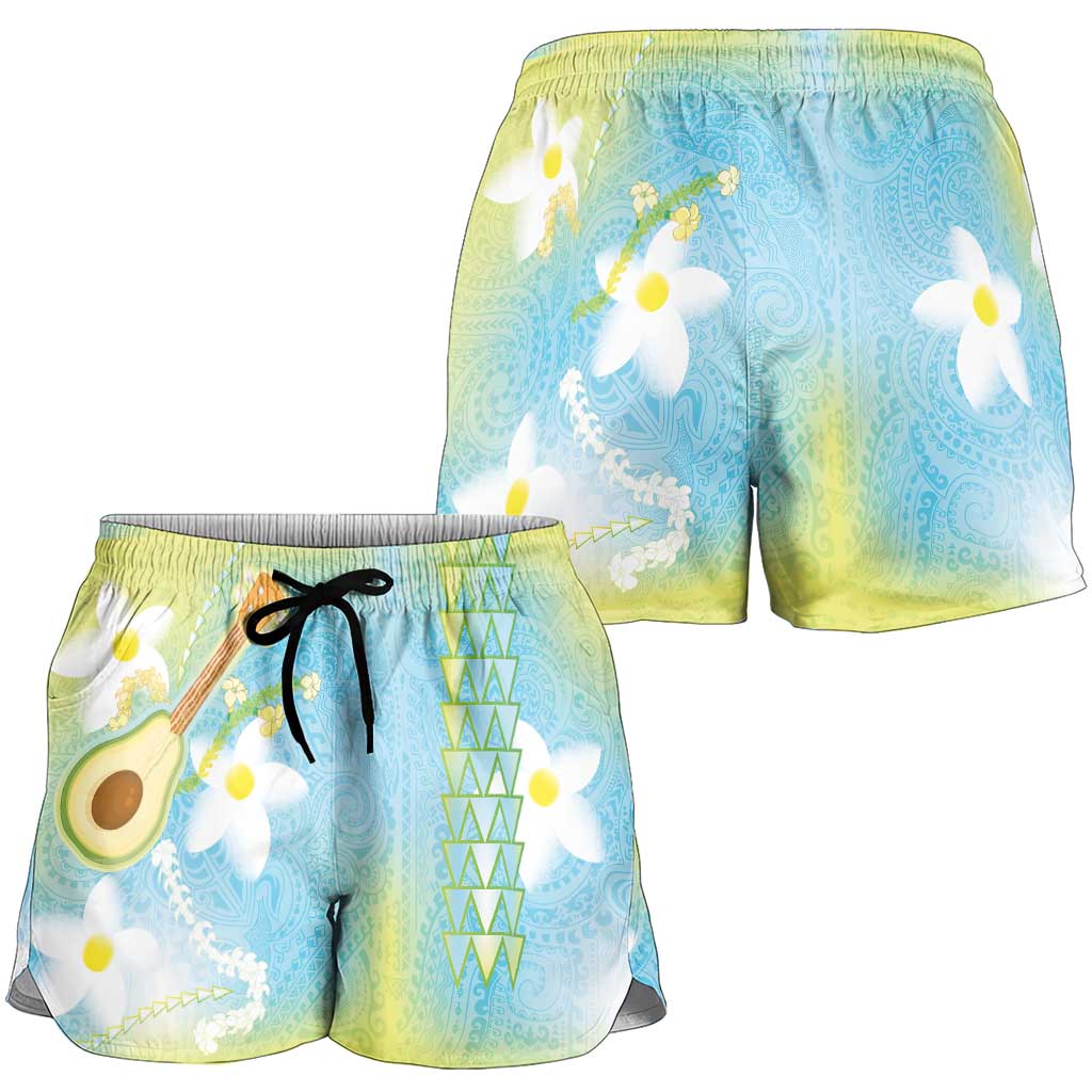 Hawaiian Ukulele Avocado Shorts for Women Leis and Polynesian Pattern