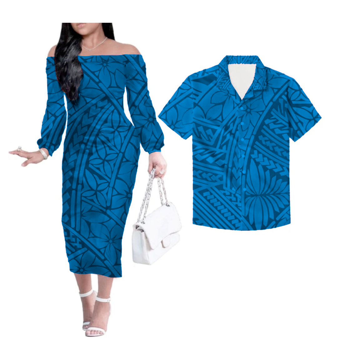 Polynesian Couples Matching Outfits Combo Long Sleeve Dress Blue BLUE - Polynesian Pride