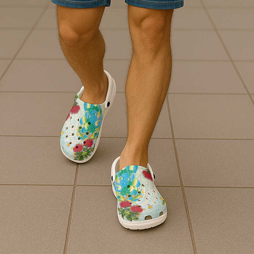 Japanese and Hawaiian Culture Fusion Clogs Shoes Irezumi with Turtles and Lei Kakau Pattern Fresh Vibe
