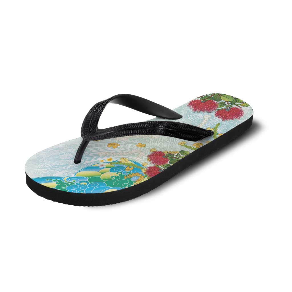 Japanese and Hawaiian Culture Fusion Flip Flops Irezumi with Turtles and Lei Kakau Pattern Fresh Vibe