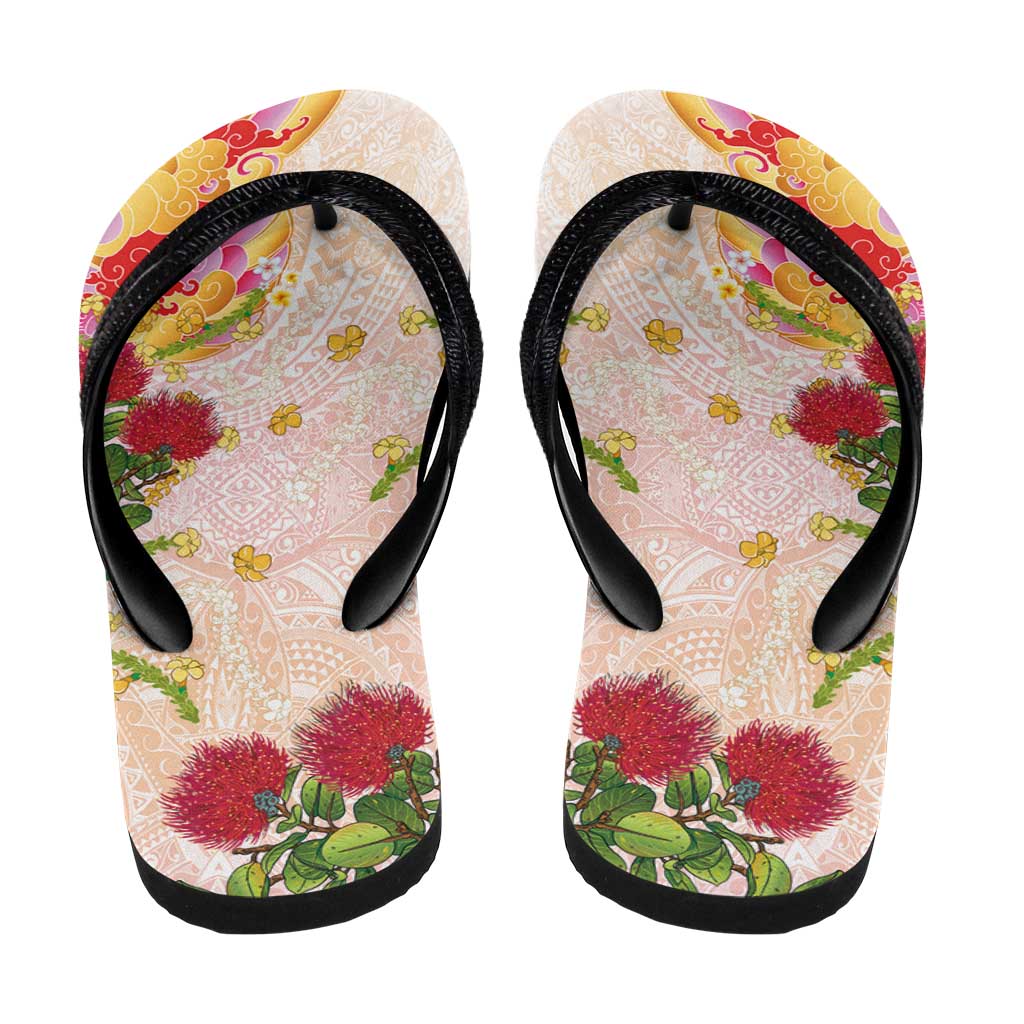 Japanese and Hawaiian Culture Fusion Flip Flops Irezumi with Turtles and Lei Kakau Pattern Sunset Vibe