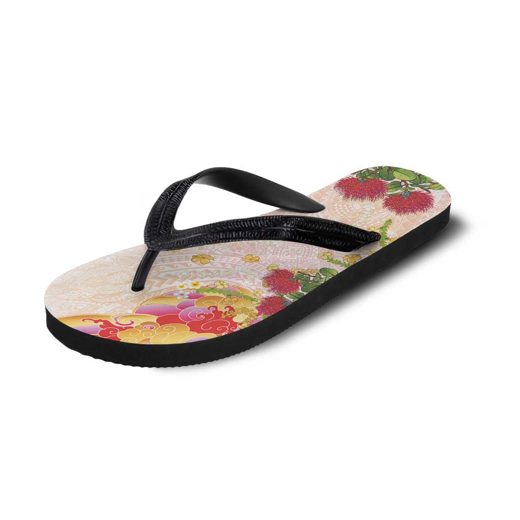 Japanese and Hawaiian Culture Fusion Flip Flops Irezumi with Turtles and Lei Kakau Pattern Sunset Vibe