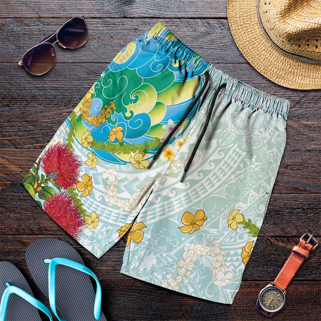 Japanese and Hawaiian Culture Fusion Shorts for Men Irezumi with Turtles and Lei Kakau Pattern Fresh Vibe
