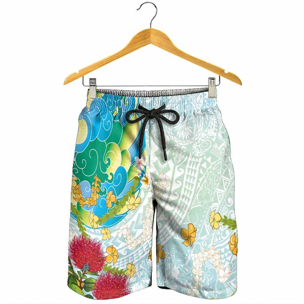 Japanese and Hawaiian Culture Fusion Shorts for Men Irezumi with Turtles and Lei Kakau Pattern Fresh Vibe