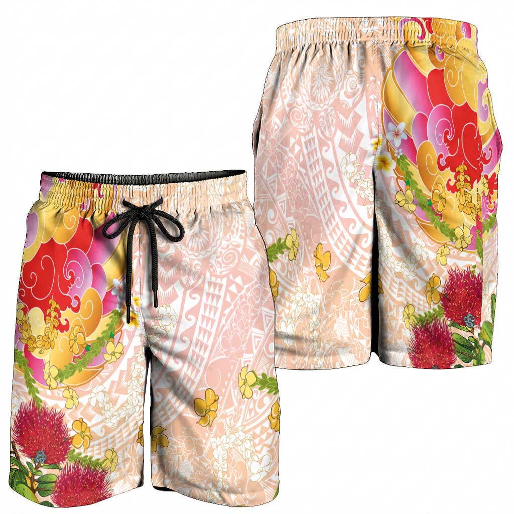Japanese and Hawaiian Culture Fusion Shorts for Men Irezumi with Turtles and Lei Kakau Pattern Sunset Vibe