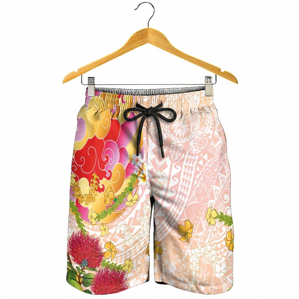 Japanese and Hawaiian Culture Fusion Shorts for Men Irezumi with Turtles and Lei Kakau Pattern Sunset Vibe